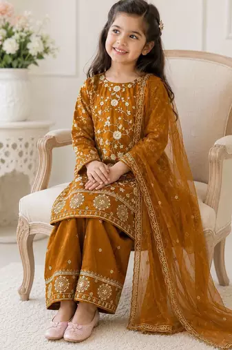 Mustard fendi silk rich embroidery with elegant sequence work for girls kids dress set