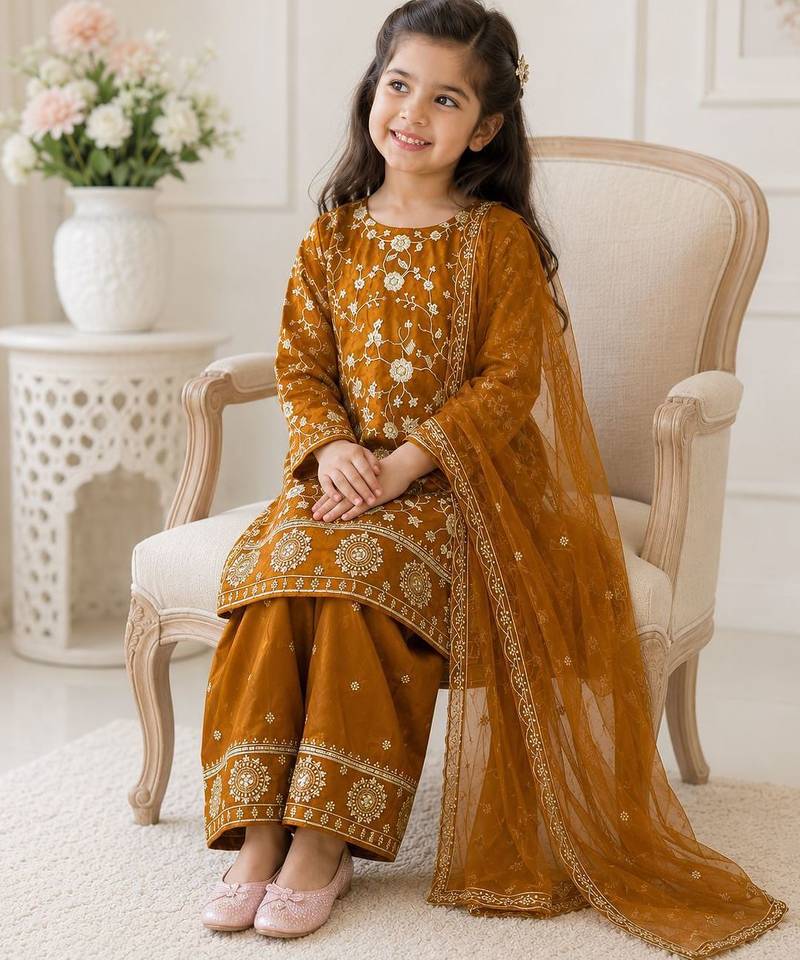 Mustard fendi silk rich embroidery with elegant sequence work for girls kids dress set