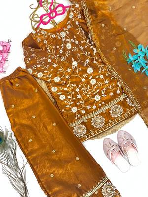 Mustard fendi silk rich embroidery with elegant sequence work for girls kids dress set 3