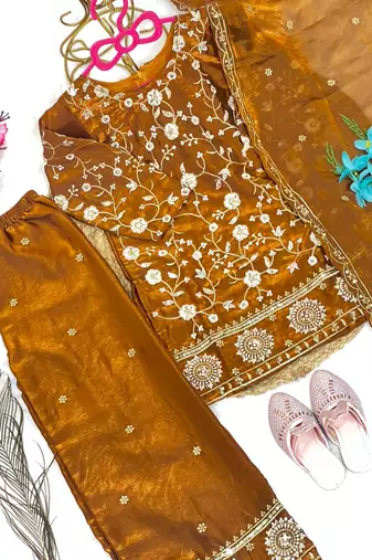 Mustard fendi silk rich embroidery with elegant sequence work for girls kids dress set
