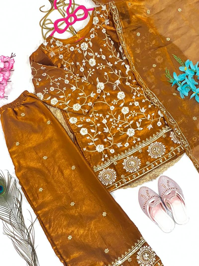 Mustard fendi silk rich embroidery with elegant sequence work for girls kids dress set