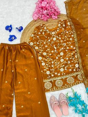 Mustard fendi silk rich embroidery with elegant sequence work for girls kids dress set 4