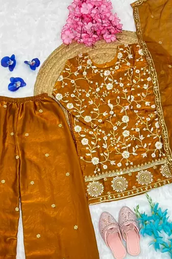Mustard fendi silk rich embroidery with elegant sequence work for girls kids dress set