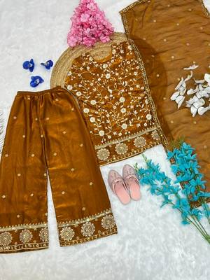 Mustard fendi silk rich embroidery with elegant sequence work for girls kids dress set 5