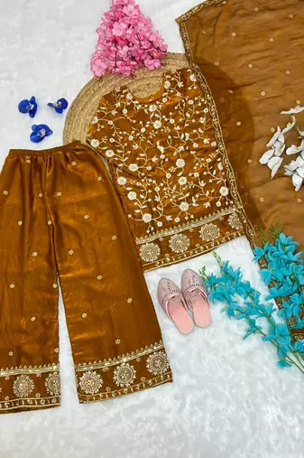 Mustard fendi silk rich embroidery with elegant sequence work for girls kids dress set