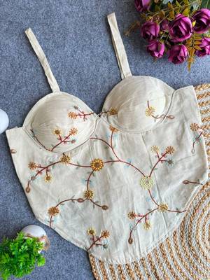 Off white khadi cotton blend embroidered co-ord style blouse 1
