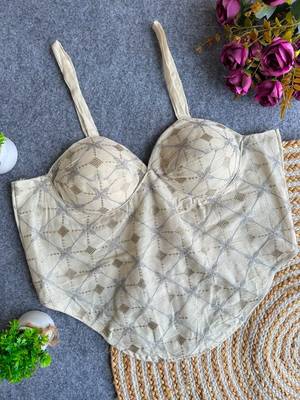 Off white khadi cotton blend embroidered co-ord style blouse 2