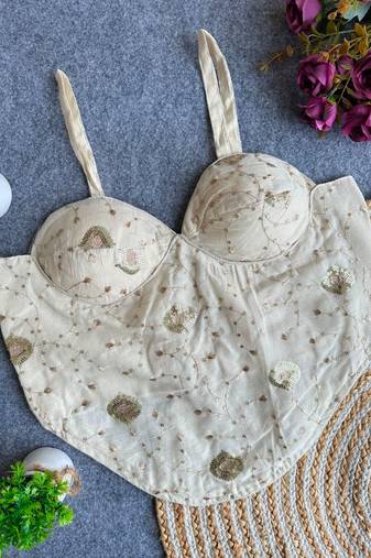 Off white khadi cotton blend embroidered co-ord style blouse