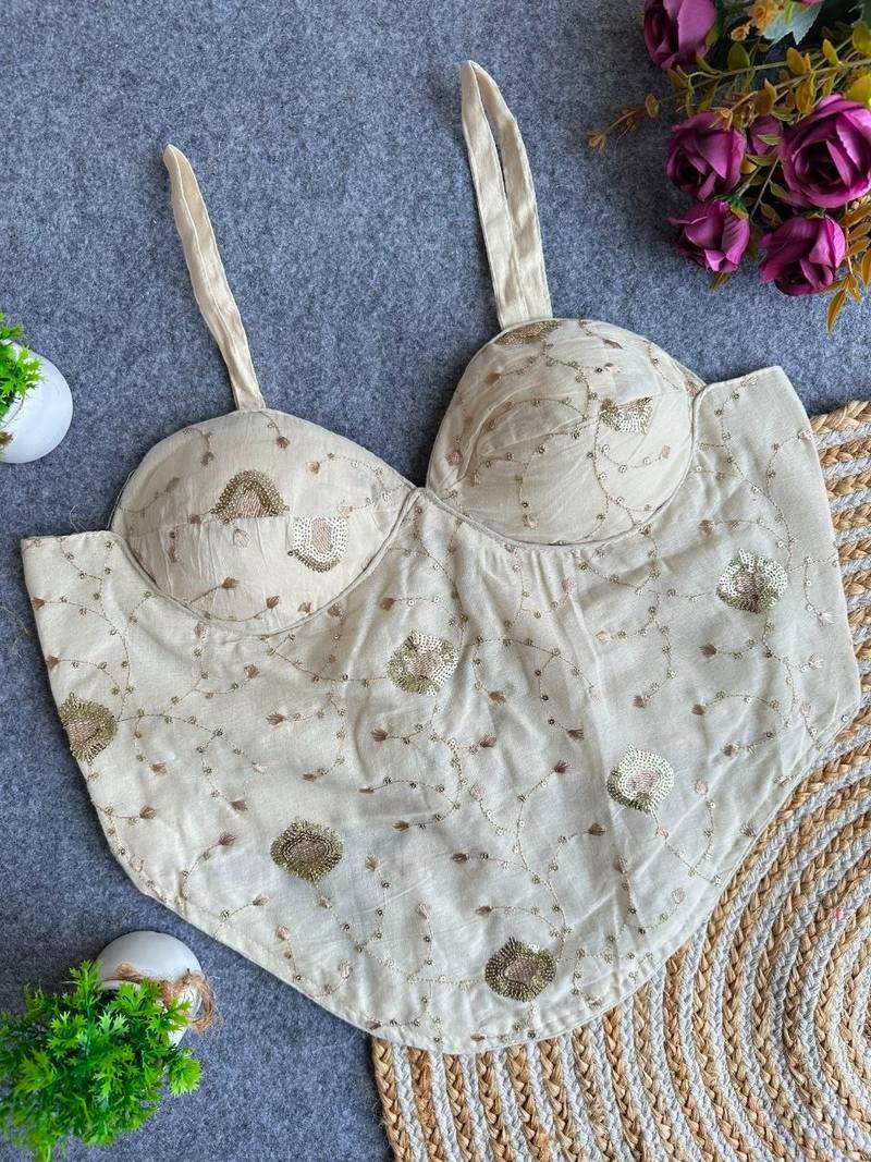 Off white khadi cotton blend embroidered co-ord style blouse