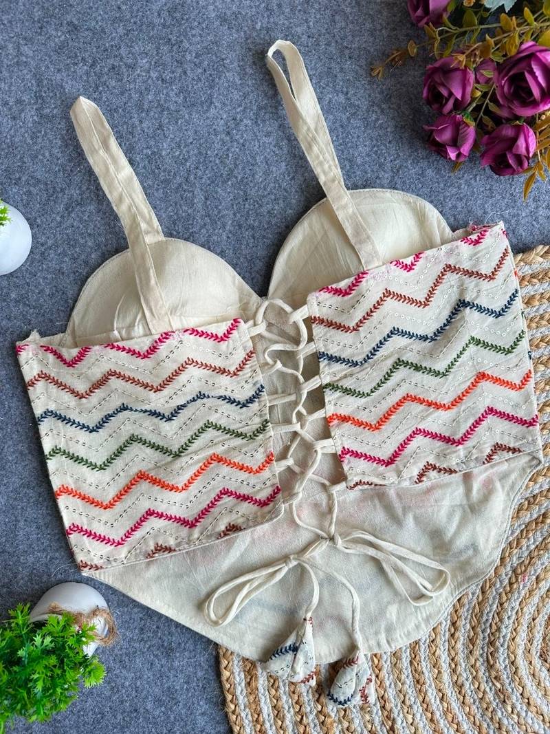 Off white khadi cotton blend embroidered co-ord style blouse