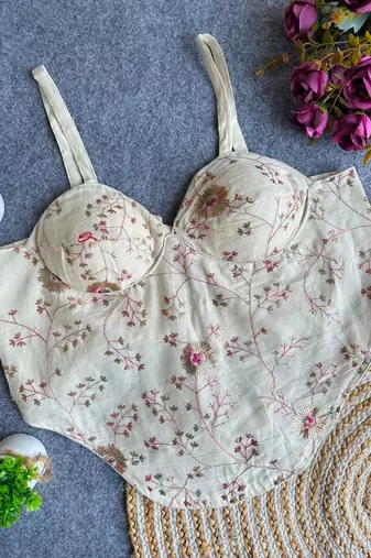 Off white khadi cotton blend embroidered co-ord style blouse