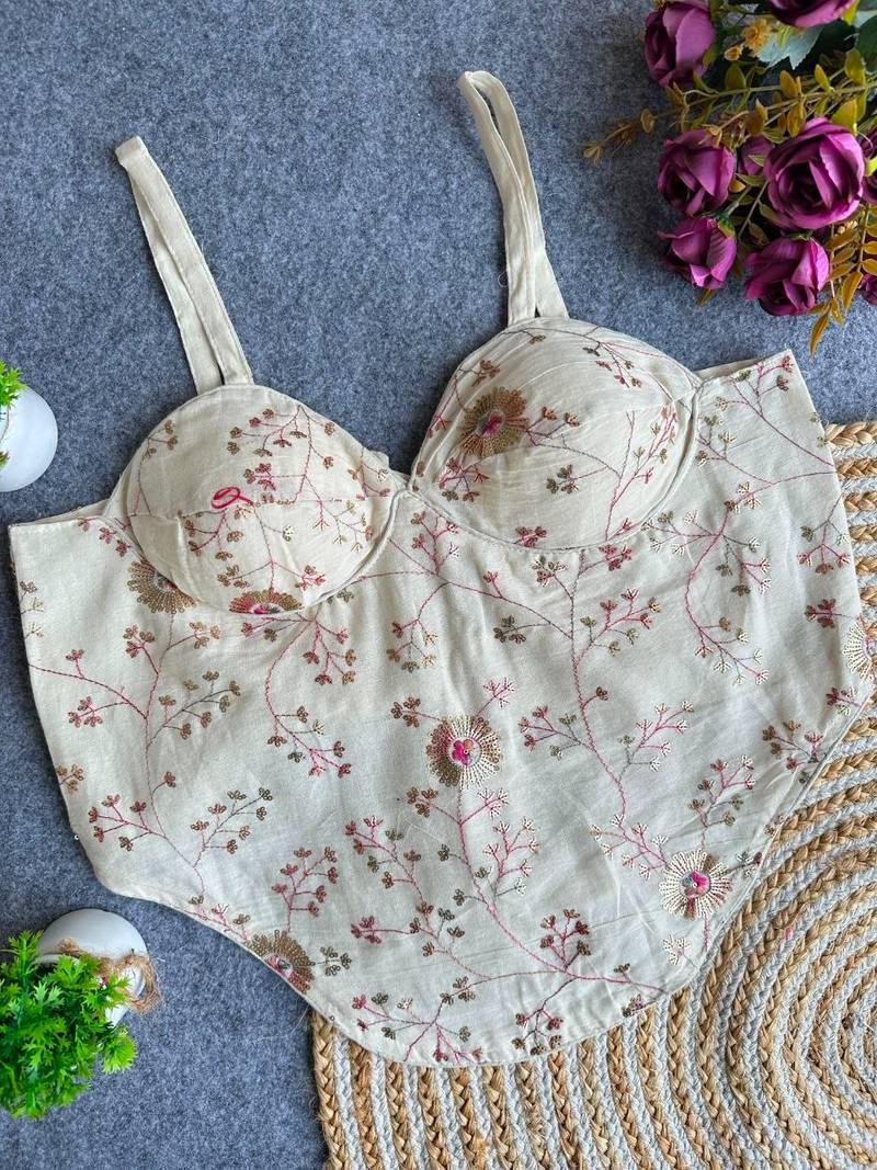 Off white khadi cotton blend embroidered co-ord style blouse