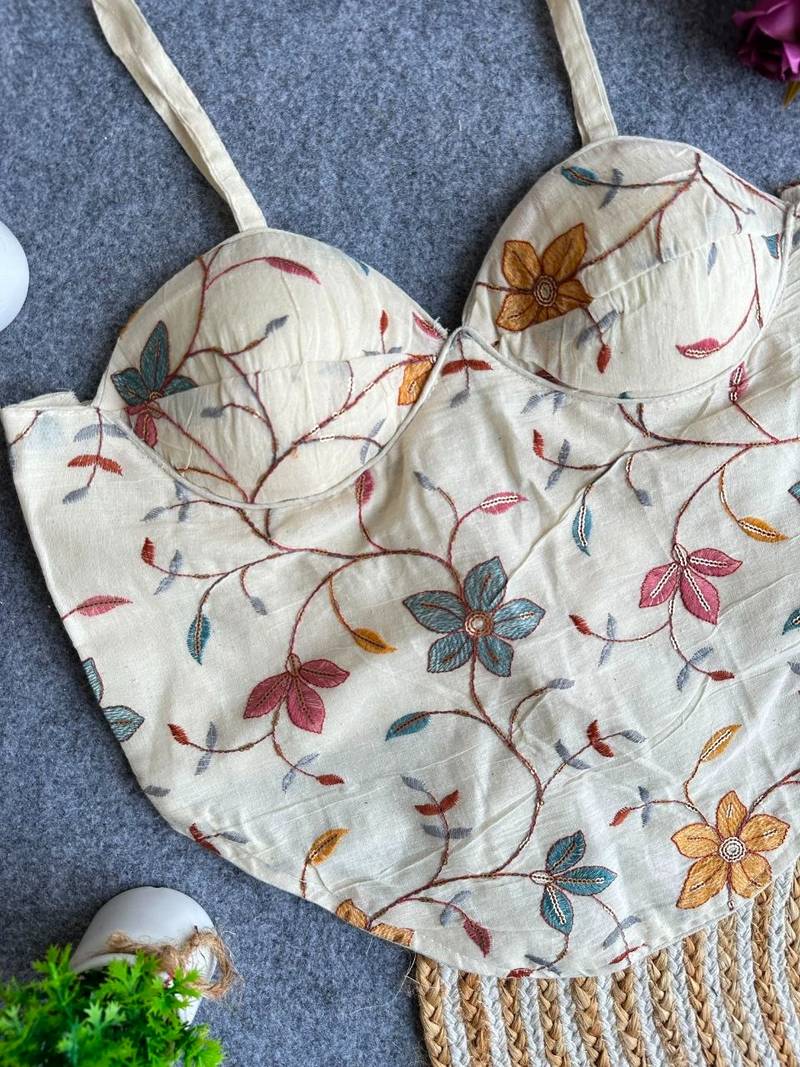 Off white khadi cotton blend embroidered co-ord style blouse