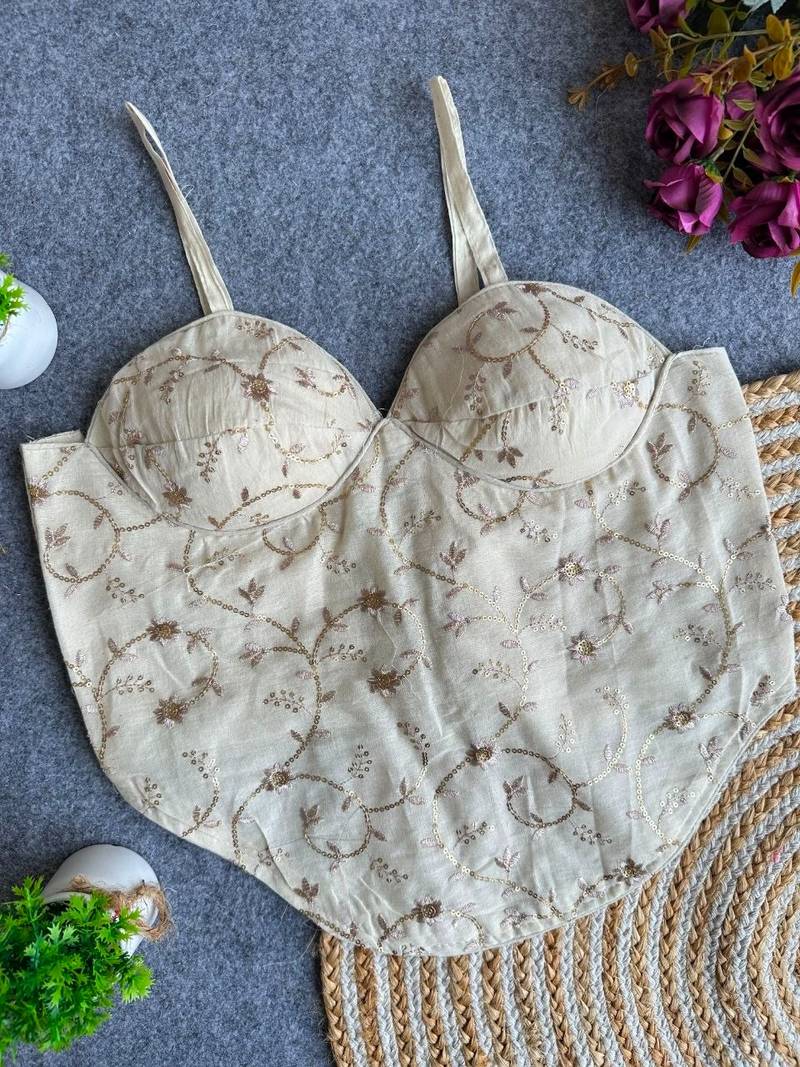 Off white khadi cotton blend embroidered co-ord style blouse