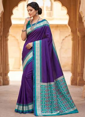 Purple soft and smooth silk blend saree in patola style with detailed zari work 1