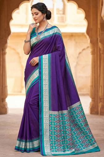 Purple soft and smooth silk blend saree in patola style with detailed zari work