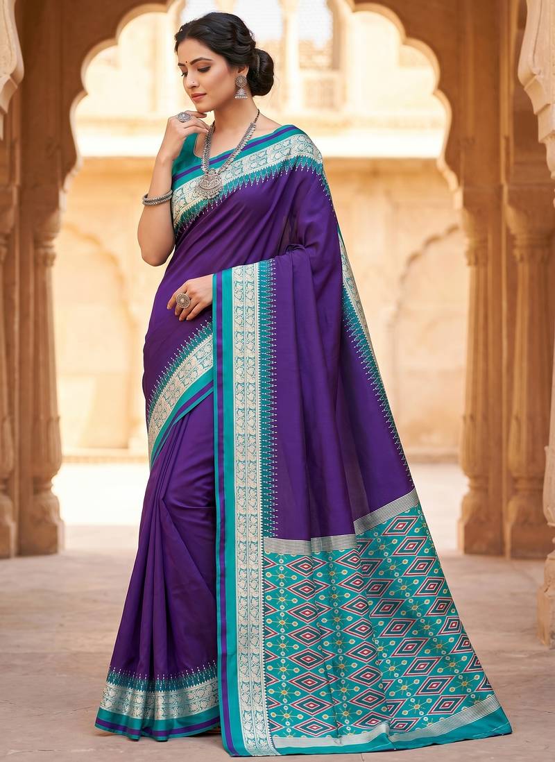 Purple soft and smooth silk blend saree in patola style with detailed zari work
