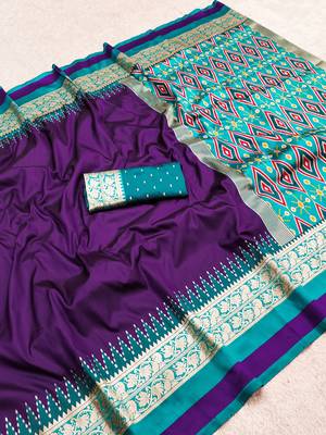 Purple soft and smooth silk blend saree in patola style with detailed zari work 2