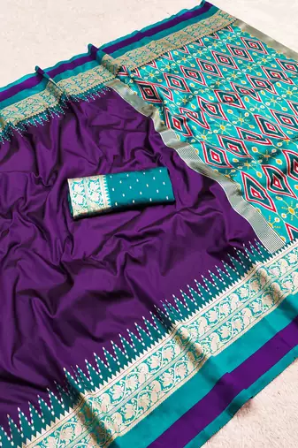 Purple soft and smooth silk blend saree in patola style with detailed zari work
