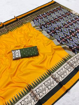 Yellow soft and smooth silk blend saree in patola style with detailed zari work 2
