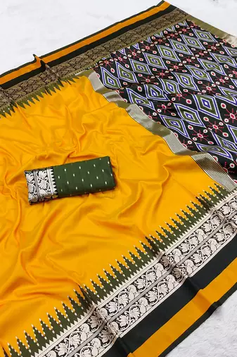 Yellow soft and smooth silk blend saree in patola style with detailed zari work