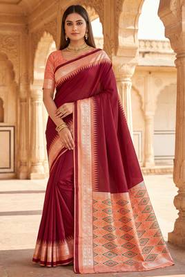 Maroon soft and smooth silk blend saree in patola style with detailed zari work 1