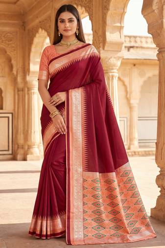 Maroon soft and smooth silk blend saree in patola style with detailed zari work