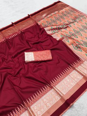 Maroon soft and smooth silk blend saree in patola style with detailed zari work 2