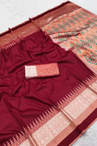 Maroon soft and smooth silk blend saree in patola style with detailed zari work