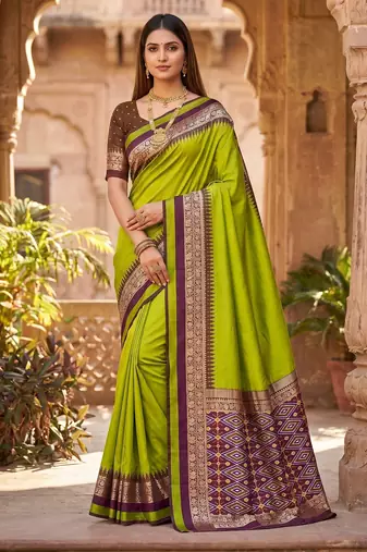 Parrot green soft and smooth silk blend saree in patola style with detailed zari work
