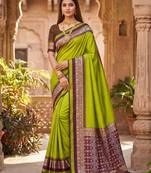 Parrot green soft and smooth silk blend saree in patola style with detailed zari work