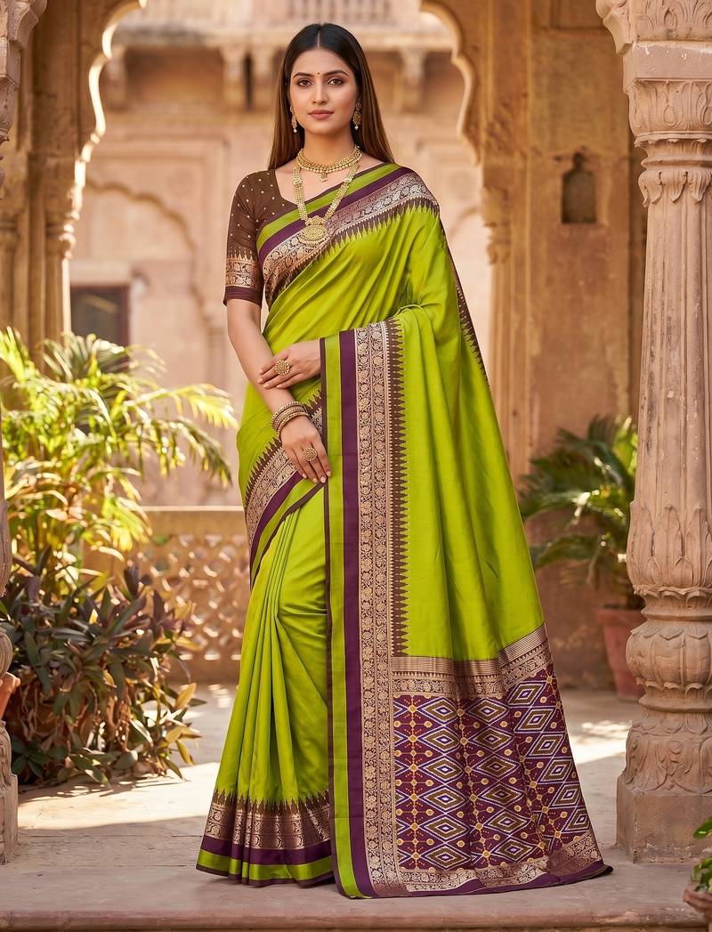 Parrot green soft and smooth silk blend saree in patola style with detailed zari work