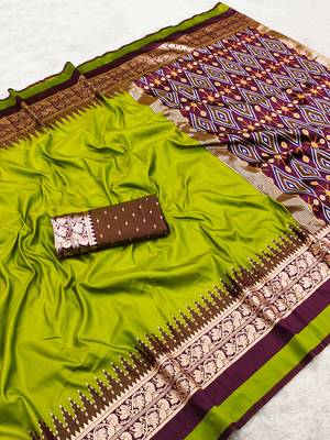 Parrot green soft and smooth silk blend saree in patola style with detailed zari work 2
