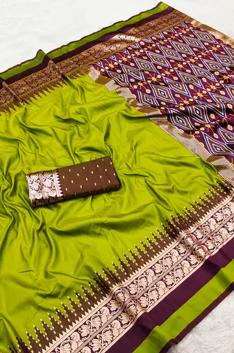 Parrot green soft and smooth silk blend saree in patola style with detailed zari work
