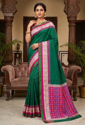 Green soft and smooth silk blend saree in patola style with detailed zari work 1