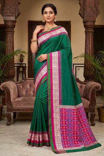 Green soft and smooth silk blend saree in patola style with detailed zari work