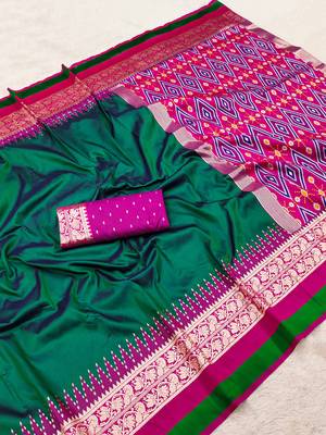 Green soft and smooth silk blend saree in patola style with detailed zari work 2