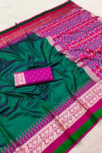 Green soft and smooth silk blend saree in patola style with detailed zari work