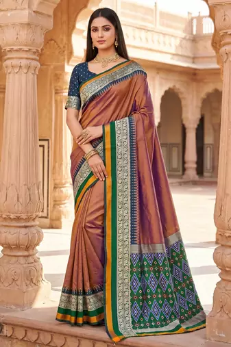 Onion pink soft and smooth silk blend saree in patola style with detailed zari work