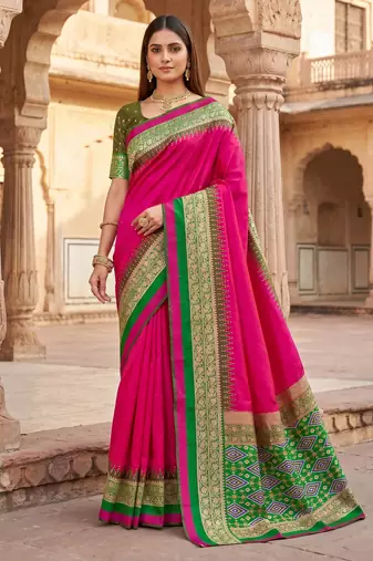 Pink soft and smooth silk blend saree in patola style with detailed zari work
