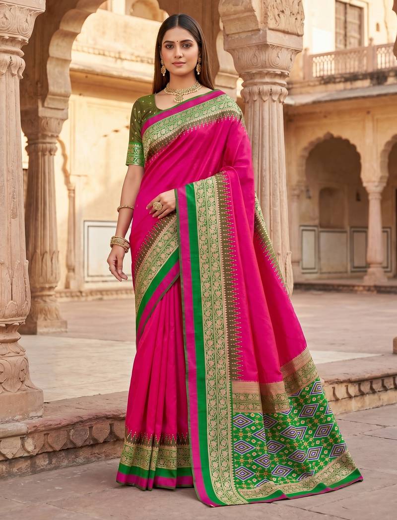 Pink soft and smooth silk blend saree in patola style with detailed zari work