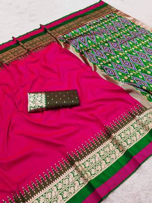 Pink soft and smooth silk blend saree in patola style with detailed zari work 2