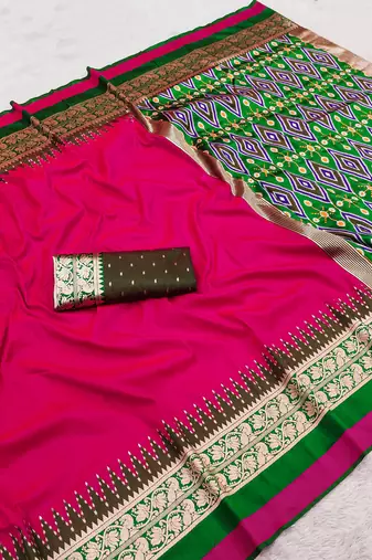 Pink soft and smooth silk blend saree in patola style with detailed zari work