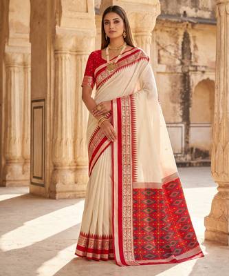 White soft and smooth silk blend saree in patola style with detailed zari work 1