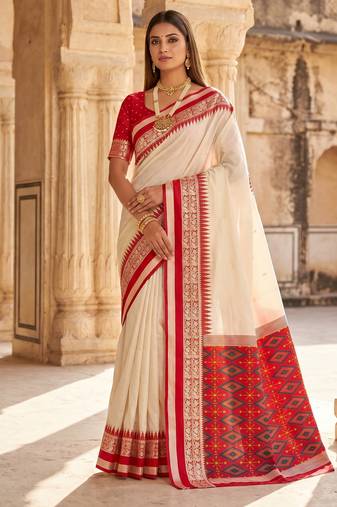 White soft and smooth silk blend saree in patola style with detailed zari work
