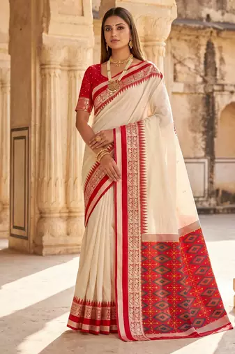 White soft and smooth silk blend saree in patola style with detailed zari work