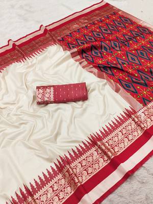 White soft and smooth silk blend saree in patola style with detailed zari work 2