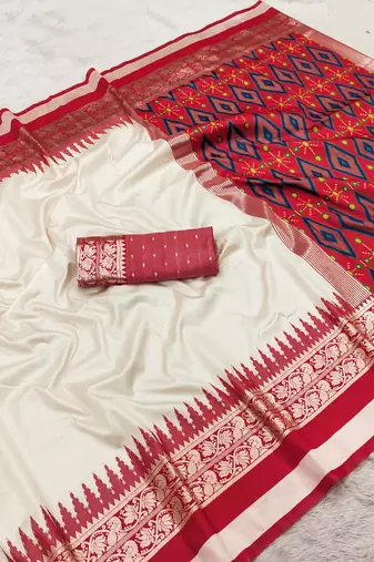 White soft and smooth silk blend saree in patola style with detailed zari work