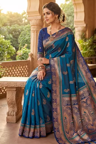 Blue  faux banarasi silk saree with paithani rich weaved pallu and blouse