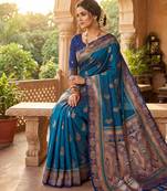 Blue  faux banarasi silk saree with paithani rich weaved pallu and blouse